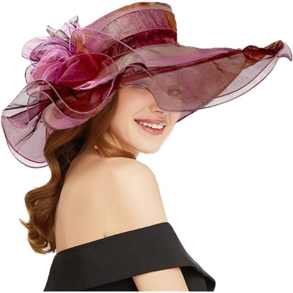 Women Sun Hat Church Wide Brim Dark Red - Picture 1 of 4